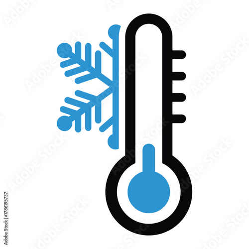 A vector icon of a thermometer with the temperature indicating cold, represented by a low blue liquid level and an adjacent blue snowflake. Symbolizes cold weather, low temperature, freezing.