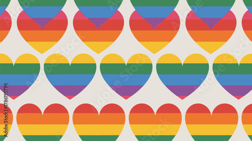 Vibrant rainbow hearts create a joyful, inclusive pattern perfect for pride celebrations and messages of love and acceptance