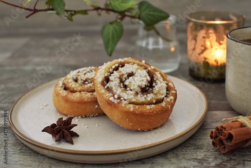 Cinnamon bun (kanelbulle).Traditional Scandinavian pastries.