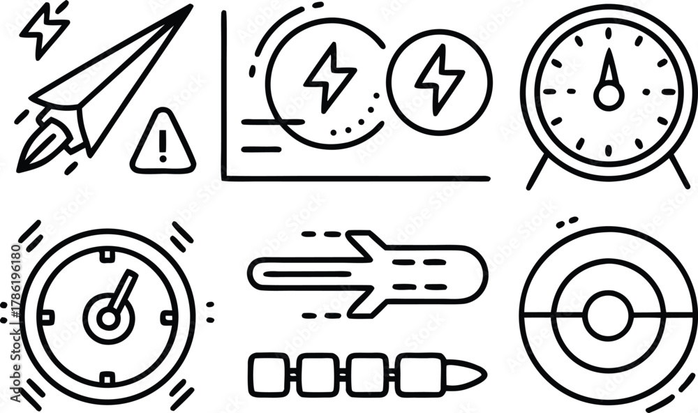 Fototapeta premium Speed and Performance Line Icons Set – Automotive Dashboard, Data Analytics, Velocity Symbols Vector