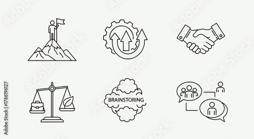 Business concept icons set success, progress, partnership, balance, brainstorming and teamwork vector graphics