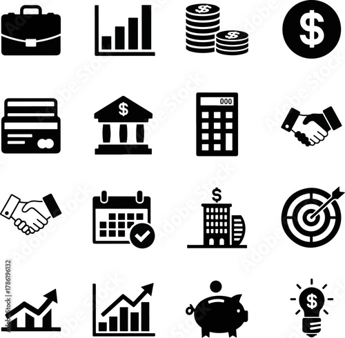 Business finance icons set, portfolio, graph, money, bank, calculator, credit card, handshake, target, piggy bank