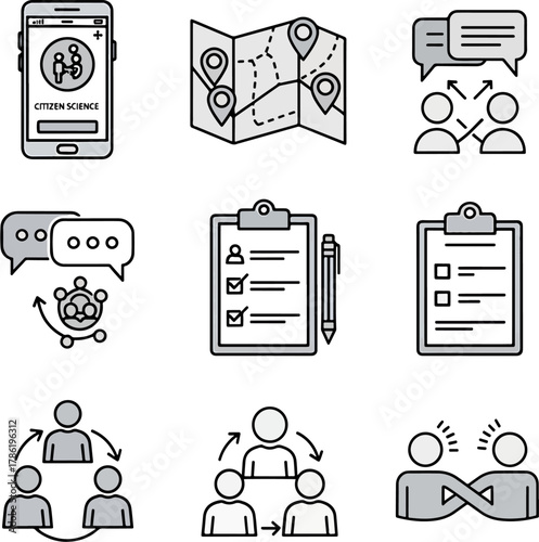 Citizen Science Icons Set Mobile App Map Clipboard Survey Communication and Collaboration Vector Graphics