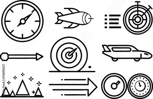 Speed and Performance Line Icons Set – Automotive Dashboard, Data Analytics, Velocity Symbols Vector