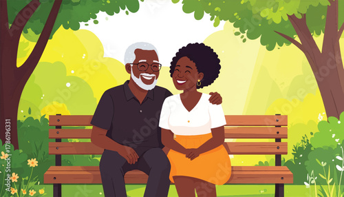 Elderly couple sitting together on a park bench, enjoying life. Senior couple sharing a joyful moment on a bench in a park. Happy elderly couple enjoying nature together on a park bench