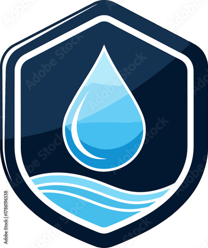 Clean water drop icon inside a dark blue shield emblem with stylized waves below symbolizing purity and protection
