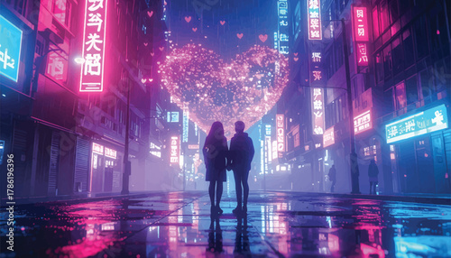 Romantic couple standing in a neon-lit city with heart-shaped lights. Love in a neon world: couple under glowing heart-shaped lights. Futuristic neon cityscape with a couple and heart-shaped lights
