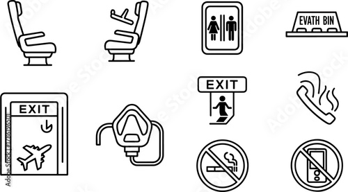 Collection of Aircraft Safety and Convenience Icons Including Seats, Exits, Lavatory, Bin, Oxygen Mask, and No Smoking/Phone Signs