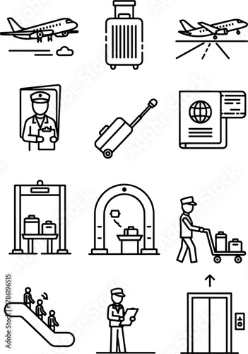 Collection of Airport Travel Icons Representing Flights Luggage Security Checkpoints and Passenger Services