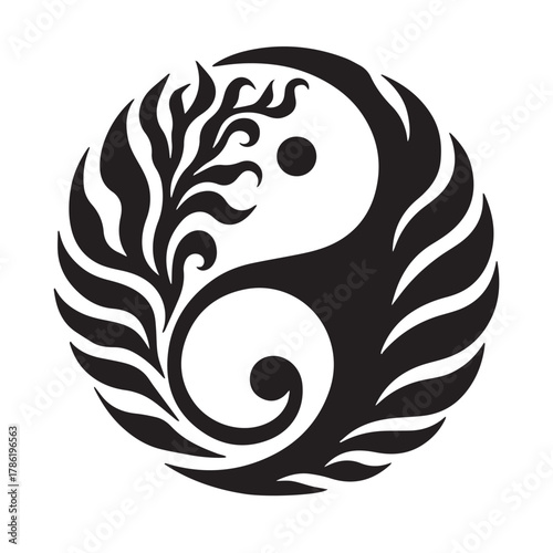 Intricate black and white yin yang symbol adorned with organic swirling floral and leafy elements representing balance