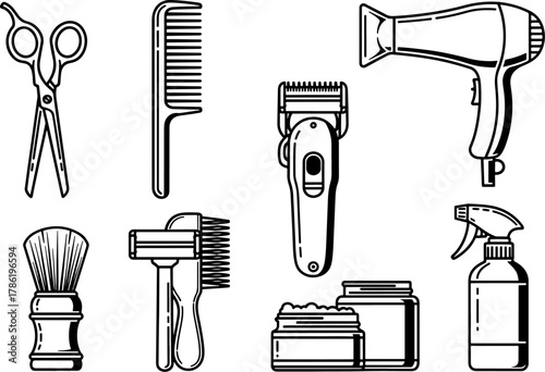 Collection of Barber Shop Tools Including Scissors Comb Hair Dryer Clippers Shaver Brush and Spray Bottle Icons