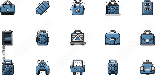 Collection of blue travel bags, luggage, and accessories in a flat design, organized in a grid layout