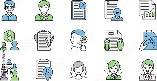 Collection of business and people icons, representing finance, teamwork, and professional profiles in a modern flat style