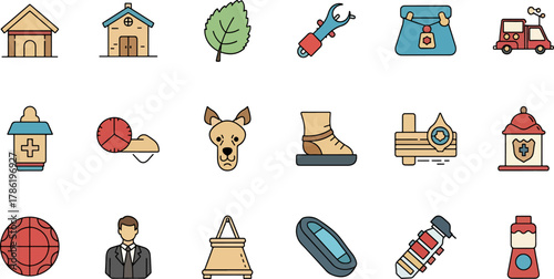 A collection of 15 flat design icons representing various objects and concepts like houses, a leaf, tools, a bag, a car, a dog, a shoe, and a person, all in vibrant colors.