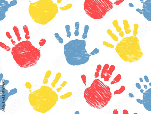 Seamless pattern of colorful kids handprints in rainbow colors, children art background
