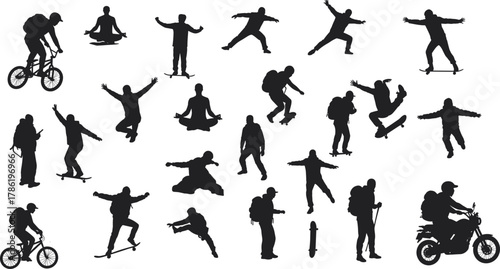 Silhouettes of outdoor activities, BMX rider, skateboarder, rollerblader, hiker, motorcyclist, meditation pose, backpack travel, extreme sports, black icons