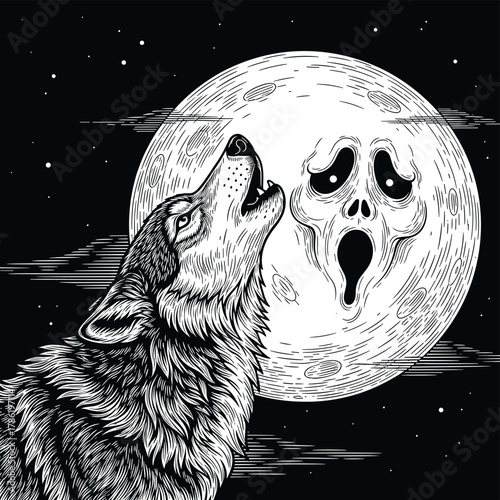 Howling Wolf with Horror Moon Vector IllustrationHowling Wolf with Horror Moon Vector Illustration