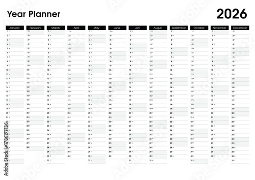 2026 Year planner. Wall calendar design template. Horizontal annual worldwide printable wall planner, diary, activity template - with dates, days of the month and space for personal notes. - Vector