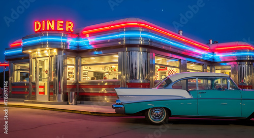 Vintage American Diner with Neon Lights at Night Retro 1950s Style
