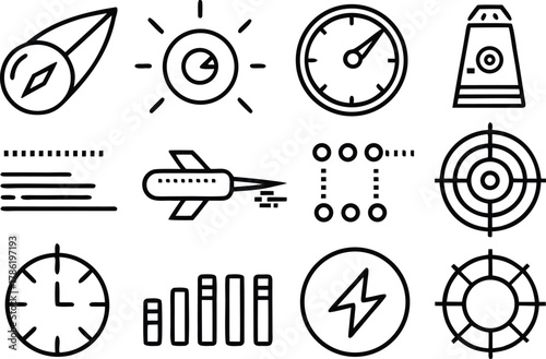 Speed and Performance Line Icons Set – Automotive Dashboard, Data Analytics, Velocity Symbols Vector