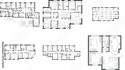 Compilation of seven distinct floor plan blueprints