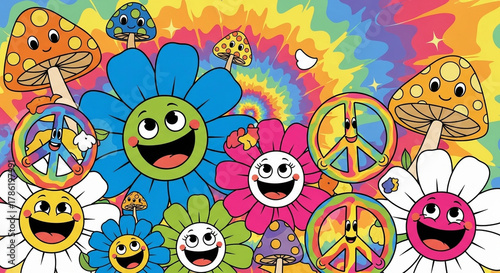 Groovy Psychedelic Flower Power Background with Cartoon Smiling Daisies, Peace Signs, and Tie-Dye Mushrooms on a Rainbow Swirl