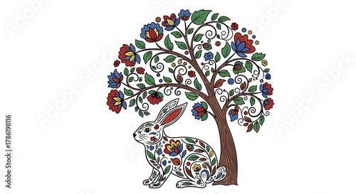 Stylized floral rabbit under tree illustration with intricate patterns and color variations