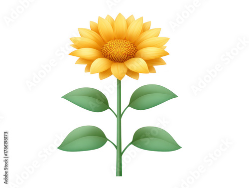 Sunflower yellow petal green leaf stem botanical summer nature floral bloom isolated. Sunflower with vibrant yellow petals and green leaves single stem symbolizing happiness and warmth isolated