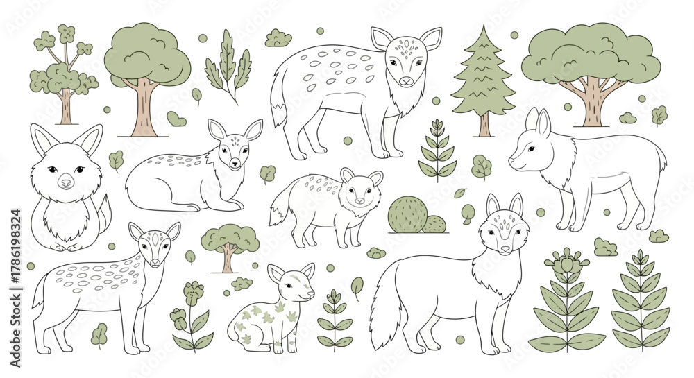 Obraz premium Enchanting forest creatures and lush vegetation line art illustration perfect for coloring