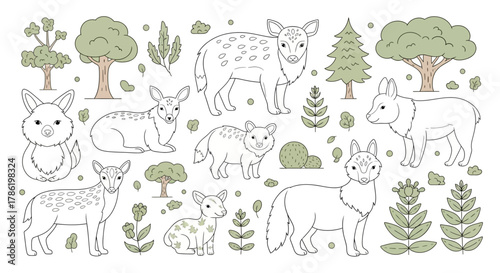 Enchanting forest creatures and lush vegetation line art illustration perfect for coloring