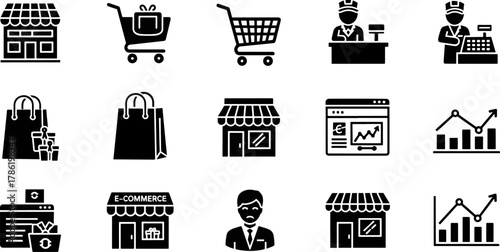 Collection of E-commerce and Shopping Icons, Online Retail Storefronts, Shopping Carts, Bags, and Business Growth Charts