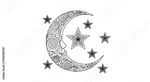 Ornate crescent moon with a celestial face surrounded by sparkling stars illustration