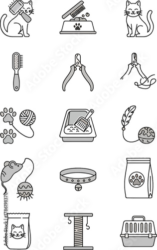 Collection of Cat Care Icons Including Brushes Grooming Tools Food Bowls Litter Box Toys Collar and Carrier