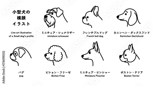 小型犬の横顔のシンプルな線画イラストセット（ベクター） 編集可能なパス