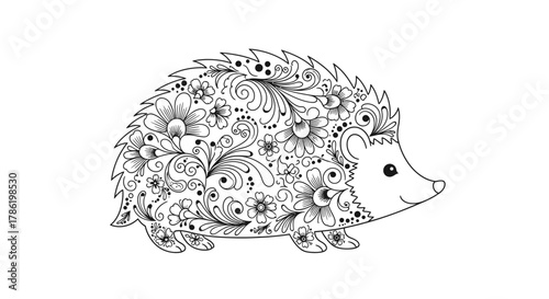 Detailed floral patterned hedgehog illustration against a white background design element