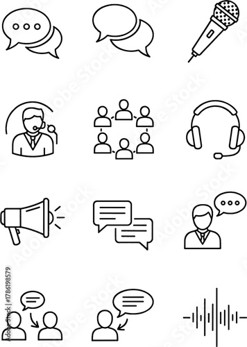 Collection of Communication and Discussion Icons representing speech bubbles, microphones, headsets, and people in a modern flat design style