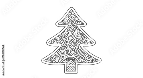 Intricate outline illustration of a christmas tree adorned with vintage patterns and floral designs
