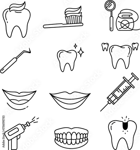Collection of dental hygiene and treatment icons vector illustration, clean simple outline graphic symbols for dentistry, teeth care, medical clinic