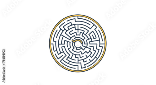 Navigating complexity, conceptual illustration of a circular maze on a white background