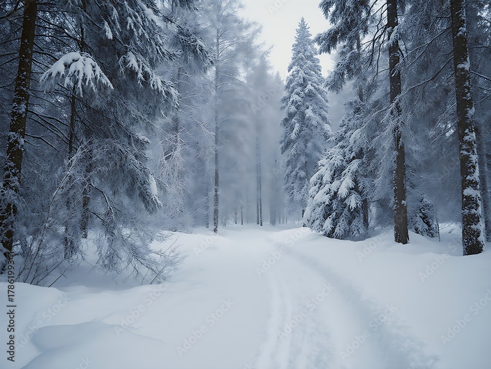 Obraz premium Serene Winter snow falling in frosted pine forest cold quiet nature trees season