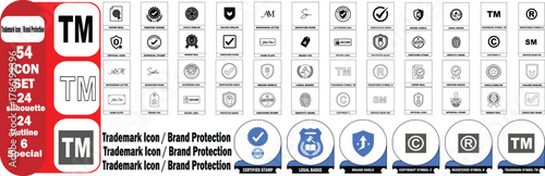 Trademark Icon Set Silhouette Outline Dual-tone, 54 vector icons for brand protection copyright registered symbol intellectual property shield certified stamp secure label legal ui ux