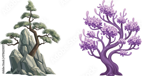 Stylized pine tree on rocky base beside vibrant purple fantasy tree, showcasing artistic contrast, digital nature illustration, perfect for design, education, fantasy art, and decor.