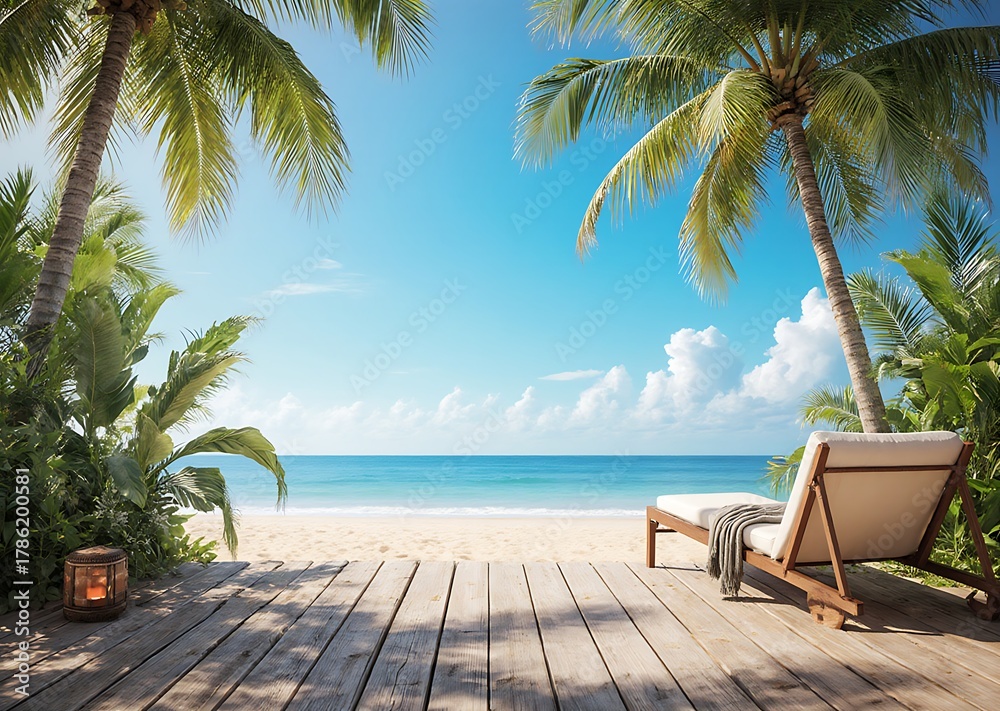 Fototapeta premium Tranquil coastal deck vacation with palm trees ocean and a relaxing lounger.