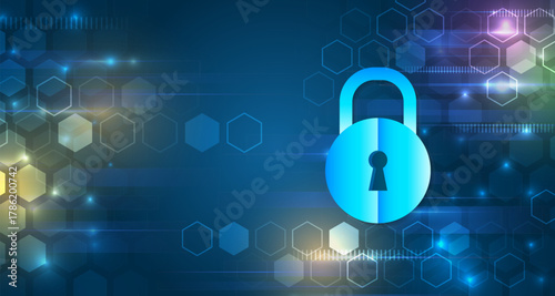 Cybersecurity concept with glowing padlock symbol on a digital blue background. Abstract technology design representing data protection, privacy, and secure network systems.