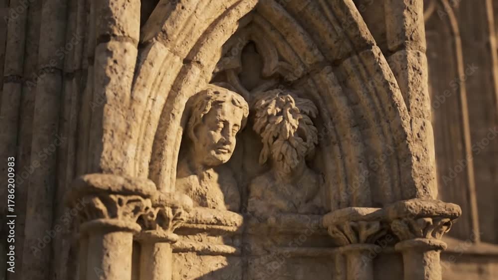 custom made wallpaper toronto digitalDetailed stone busts of two figures set within an ornate Gothic archway in warm sunlight.