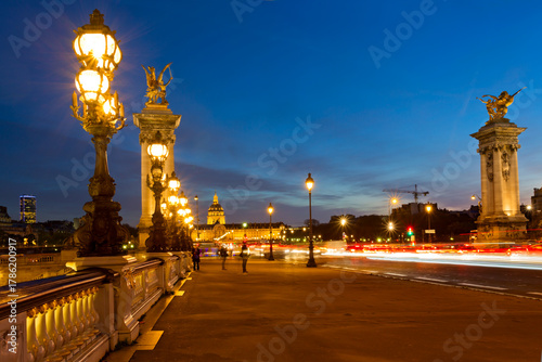 Panoramic view of Pont Alexandre III in Paris at night, France