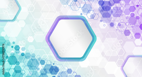 Abstract hexagonal background with soft gradient tones, transparent geometric shapes, and a central framed hexagon for text. Modern, clean, and futuristic technology design.