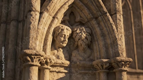 Wallpaper Mural Detailed stone busts of two figures set within an ornate Gothic archway in warm sunlight. Torontodigital.ca