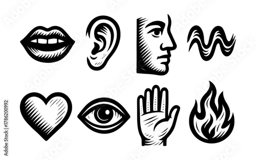 Hand-drawn sensory symbols including lips, ear, and face in black ink art