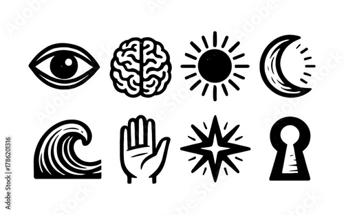 Bold symbolic icons: eye, brain, sun, moon, wave, hand, star, keyhole